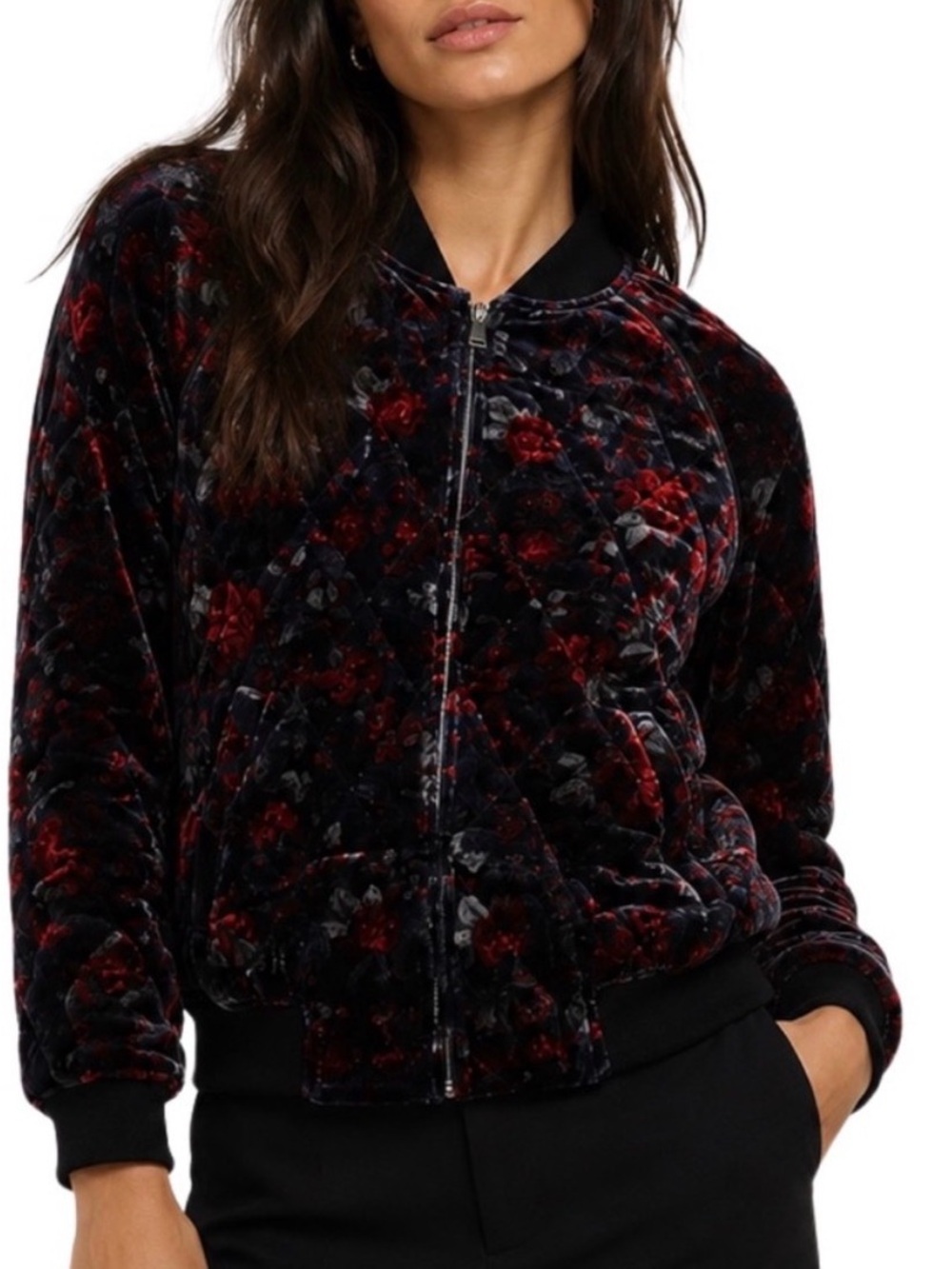Joie Velvet Floral Bomber Jacket - Blue & Red